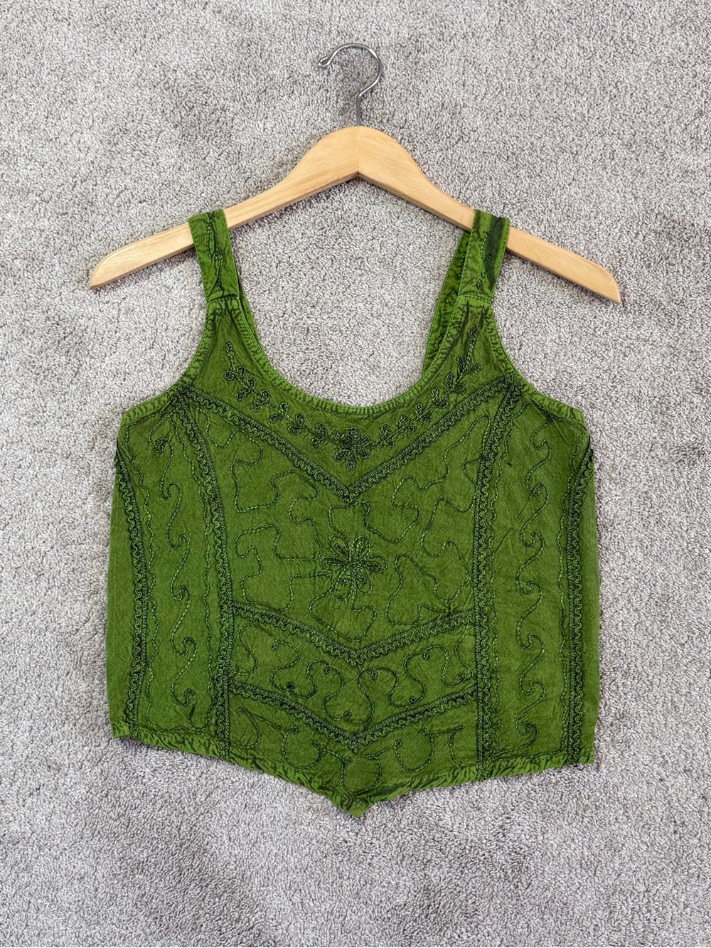 Embroidered Handkerchief Top Sleeveless Boho in Lime Green Free Size - Picture 2 of 9